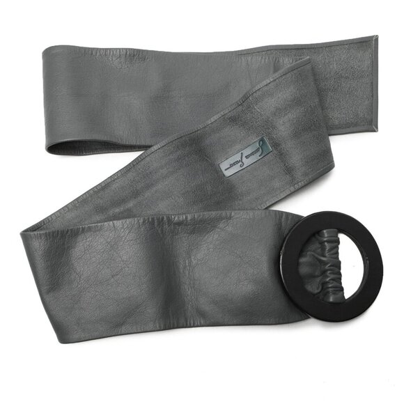 Vintage Susana Grazo Leather Wrap Wide Belt Large Round Wood Buckle Grey Black - Picture 5 of 9